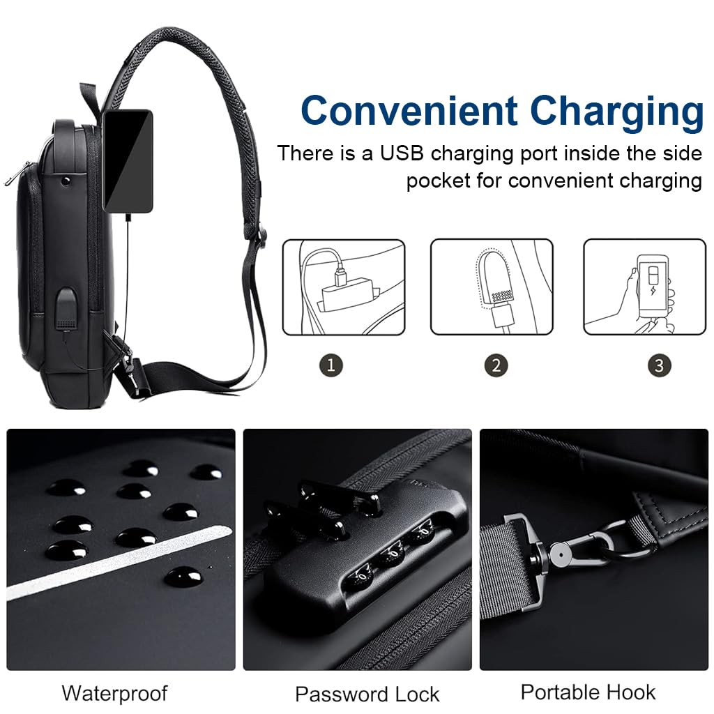 ZIBUYU Chest Bag for Men Waterproof Anti Theft Backpack Small Sling Bag for Men Travel Oxford Cloth with Safety Password Lock USB Port Crossbody Bag for Men Outdoor, Black