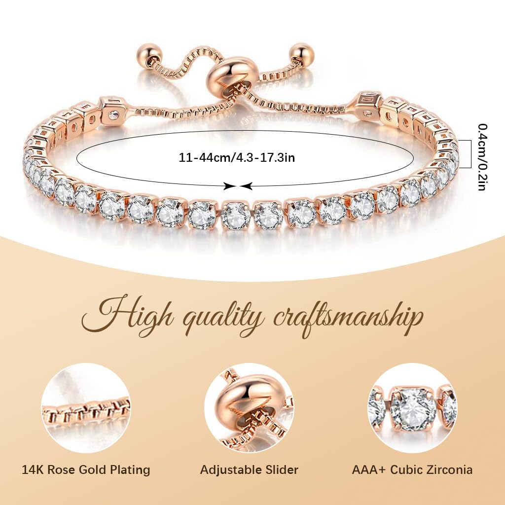 SANNIDHI Tennis Bracelets for Women with Adjustable Pull Closure and Cubic Zirconia Set | Rose Gold Stackable Jewelry Gift