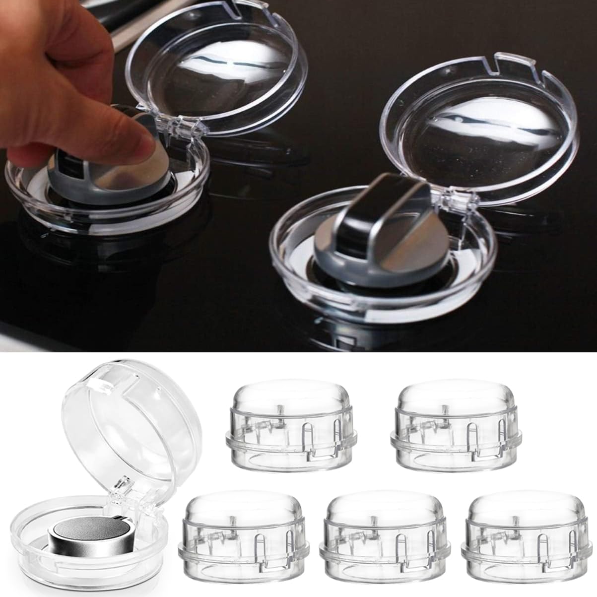 SNOWIE SOFT Gas Stove Knob Covers for Baby Proofing 5Pcs with Snap-on Lid | Transparent Child Safety Guards
