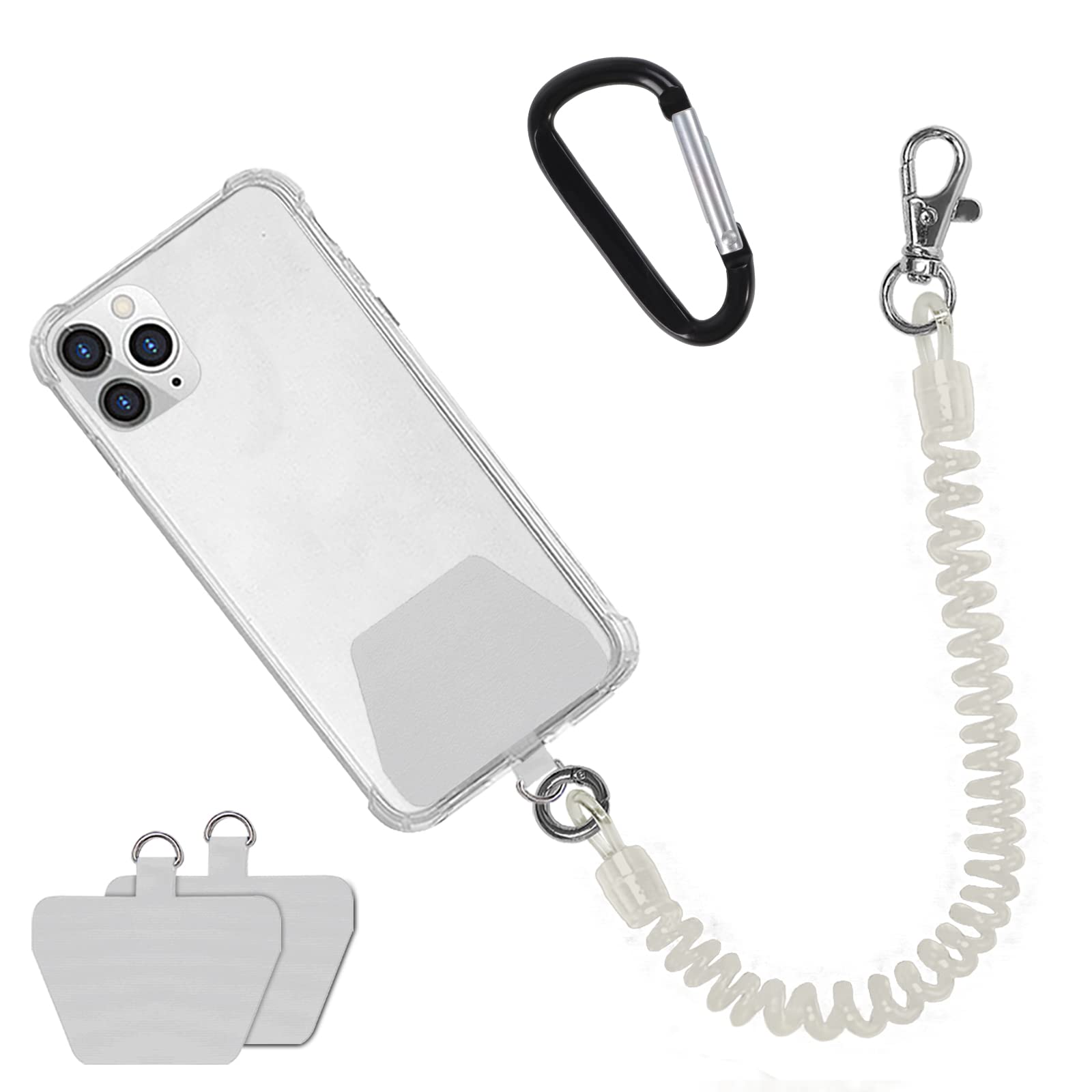 Zeitel® Phone Handstrap Phone Spring Hand Strap Set Quick Release Phone Handstrap Anti-theft Retractable Phone Sling with 2 Self-adhesive Inserts & Carabiner, Not Includes Phone Case, White