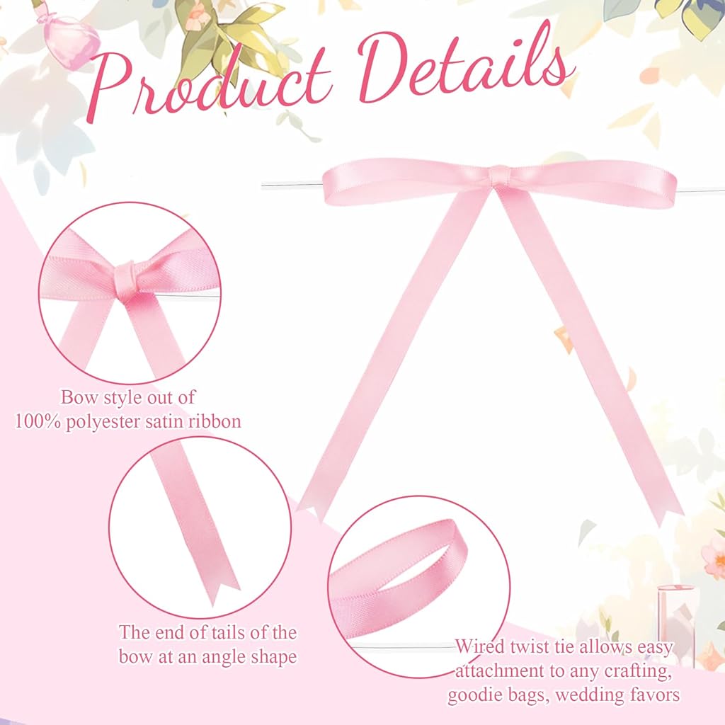 PATPAT® 50Pcs 2.5 Inch Pink Satin Ribbon Bows with Flexible Wire & 1 Roll Pink Lace, Gift Wrapping, Party Favors, DIY Crafts, Elegant Table Setting, Baby Shower, Wedding, Birthday Decor Set