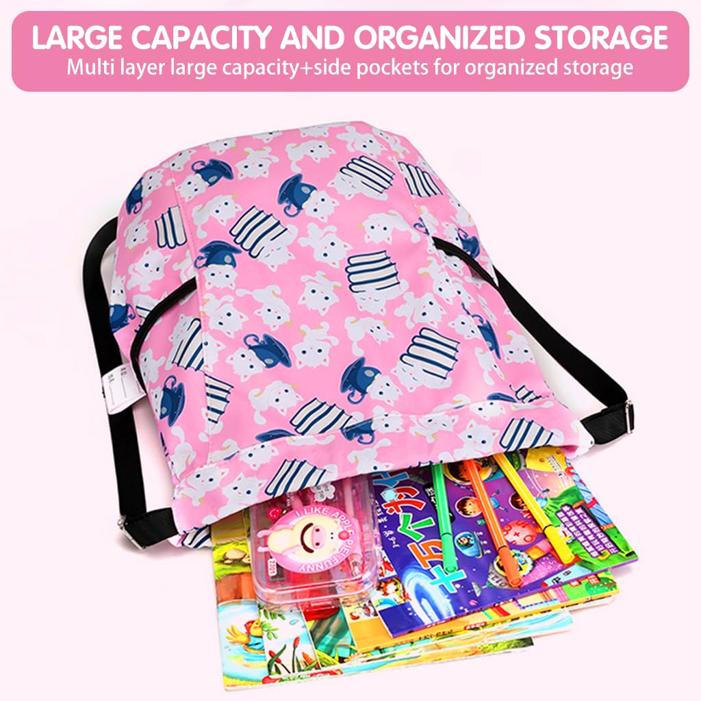 PALAY® Drawstring Backpack Kids Drawstring Bags Pink Cartoon Print Nylon Drawstring Backpack with Adjustable Shoulder Strap Girls Waterproof Nylon Travel Backpack Swimming Bag Activitiy Bag