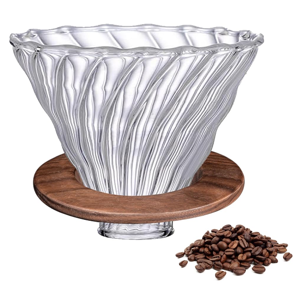 Supvox Glass Coffee Dripper with Spiral Ridges and Bamboo Stand | 2PCS High Borosilicate Set