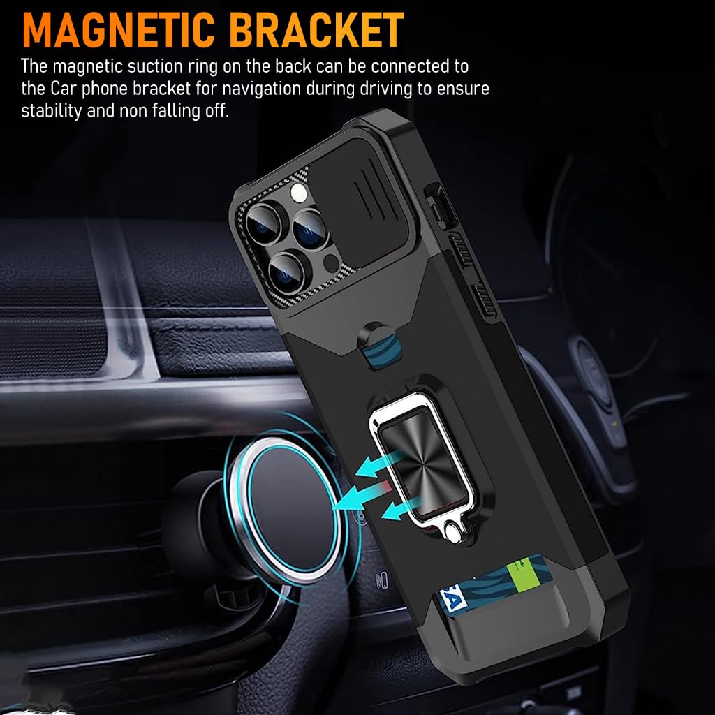 ZORBES Phone Case for iPhone 14 with Folding Ring Grip and Sliding Camera Cover | Black TPU Anti-Scratch Card Slot Design