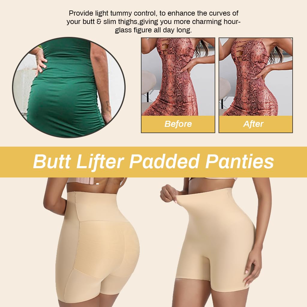 PALAY Butt Lifter Padded Underwear for Women with 3D Hip Pads Enhancer | Seamless 3PCS Beige Shapewear Shorts