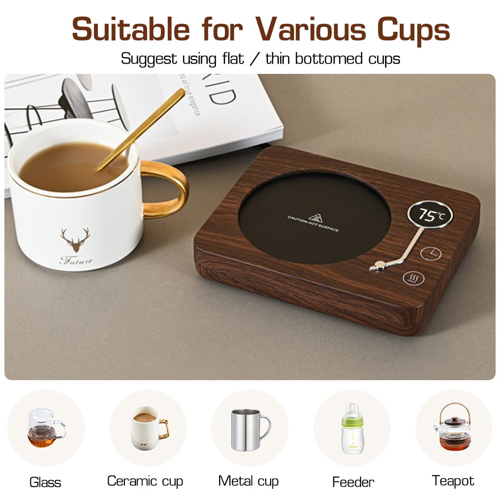 Supvox Electric Coffee Mug Warmer with 3 Adjustable Temperatures and Auto Timing Off | Vintage Wooden Design Desk Accessory