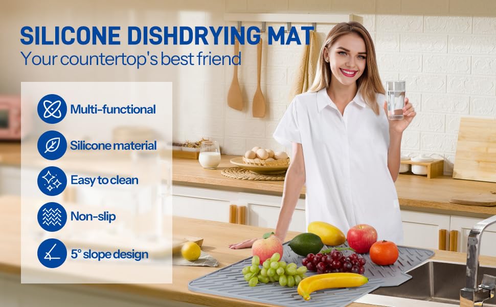 Supvox Silicone Slope Draining Mat for Kitchen Use with Ridge & Lip Design 23 x 17 in Grey