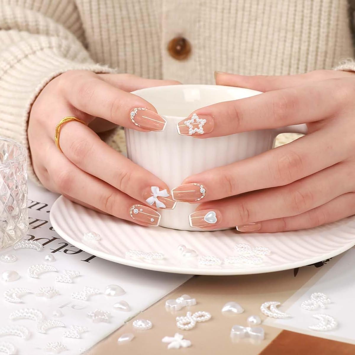 MAYCREATE 3D Resin Bow Nail Art Stickers for French Nails featuring Flatback Design | Assorted Styles with Storage Box