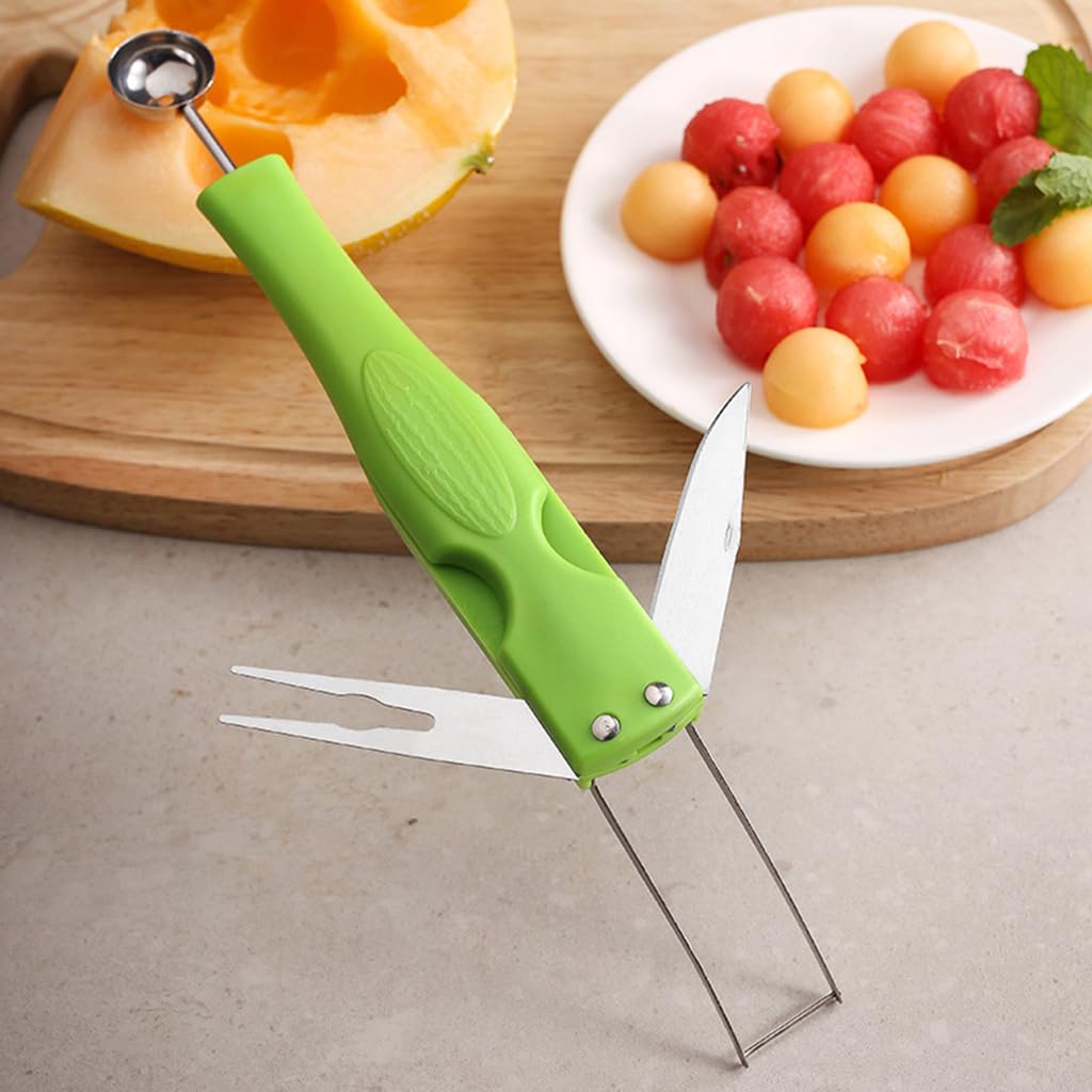 Supvox® Melon Baller Fruit Ball Spoon 4 in 1 Melon Scoop Fruit Scooper Tool with Folding Cutter & Fruit Fork Melon Scoop Tool for Cantaloupe, Dragon Fruit, Watermelon, Avocado