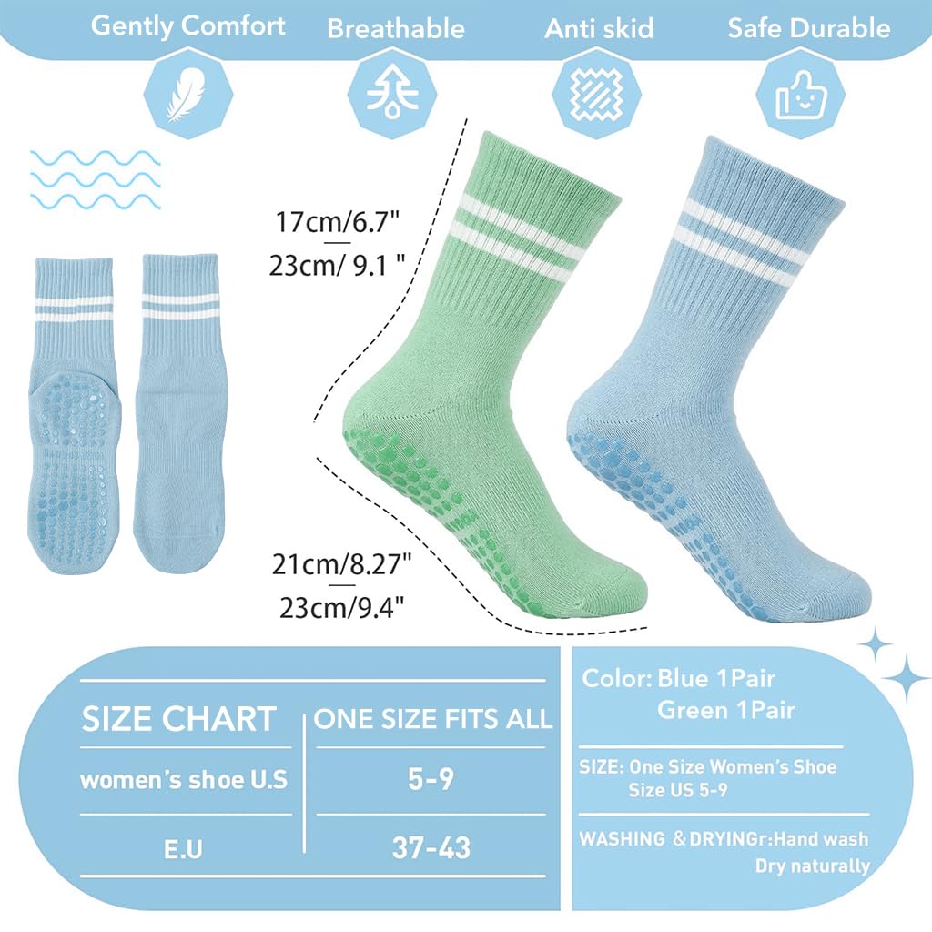 PROBEROS Yoga Socks for Women with Anti Slip Grip and Breathable Cotton | 2 Pairs Blue Green