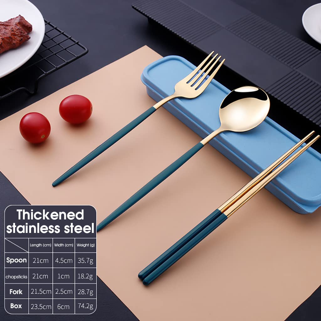 HASTHIP Cutlery Set for Travel and Camping with Case including 3 Pcs Gold Stainless Steel Flatware (Blue)