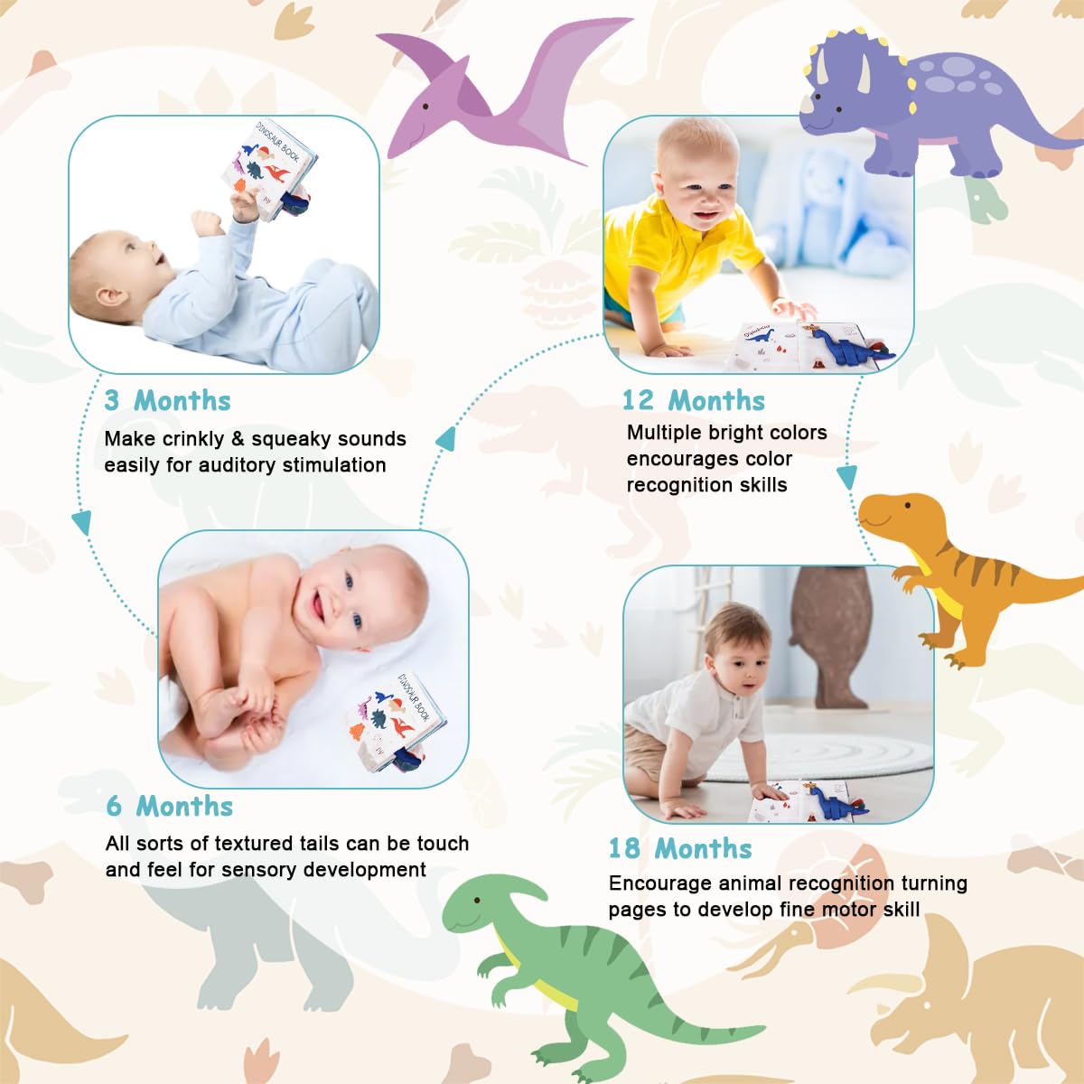 SNOWIE SOFT 3D Dinosaur Cloth Book for Babies 0 to 3 Years with Crinkle Sounds & Mirror | Washable Sensory Toy