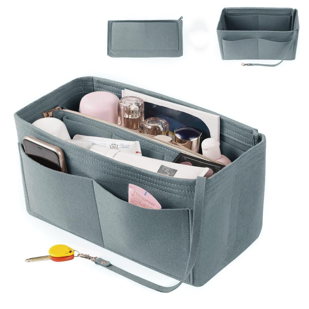 MAYCREATE Women Felt Purse Organizer Insert for Handbag featuring Multi Pocket Design and Detachable Zipper Pouch 26×14×15cm Grey