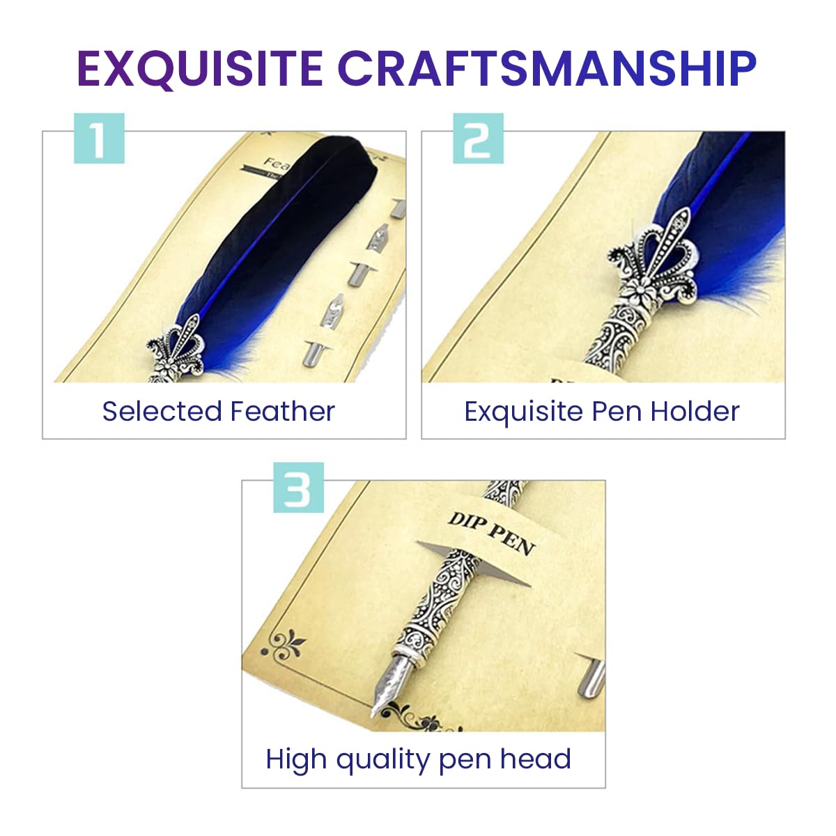 Climberty® Antique Feather Calligraphy Pen Set -Writing Quill Ink Dip Pen with 5 Extra metal Nibs Gifts for Men(Blue)