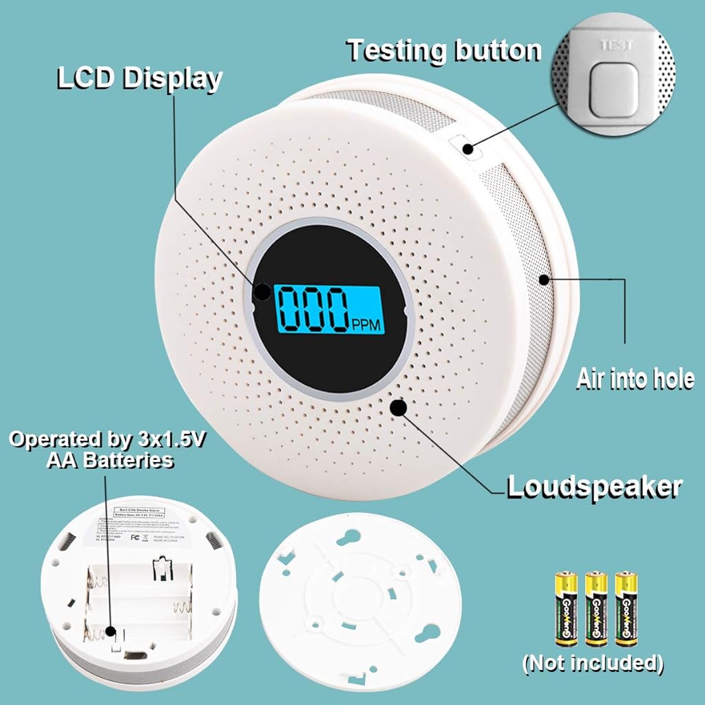 HASTHIP® Smoke Detector 2 in1 Carbon Monoxide & Smoke Detector with Alarm, Fire Alarm Battery Operated with 80db Sound and Light Warning Alarm for Home Bedroom Office