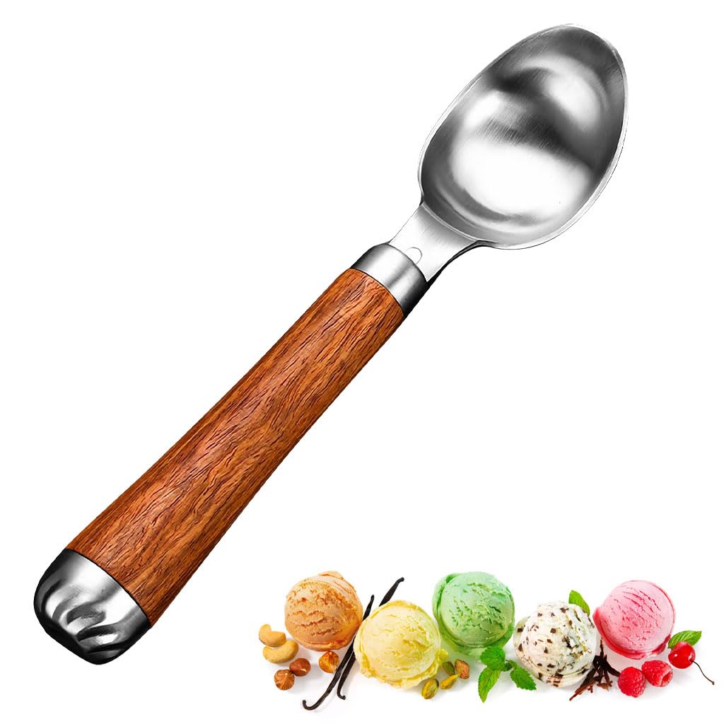 ZIBUYU Ice Cream Scoop for Desserts with Ergonomic Wooden Handle and 304 Stainless Steel | Easy Food Release and Dishwasher Safe
