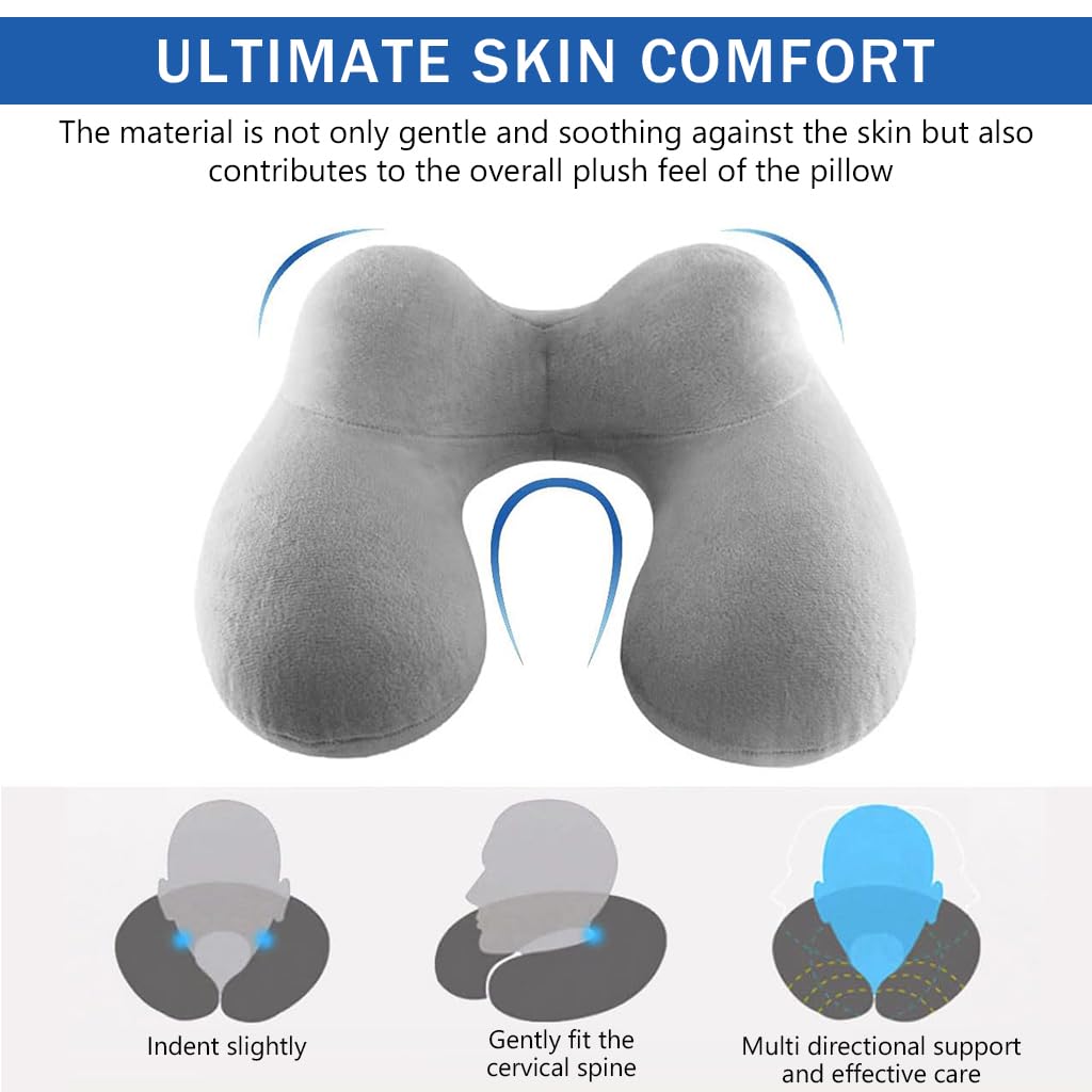 HANNEA Inflatable Travel Neck Pillow for Airplane Sleeping with 360° Ergonomic Support | Soft Velvet Washable Set with Eye Mask and Earplugs