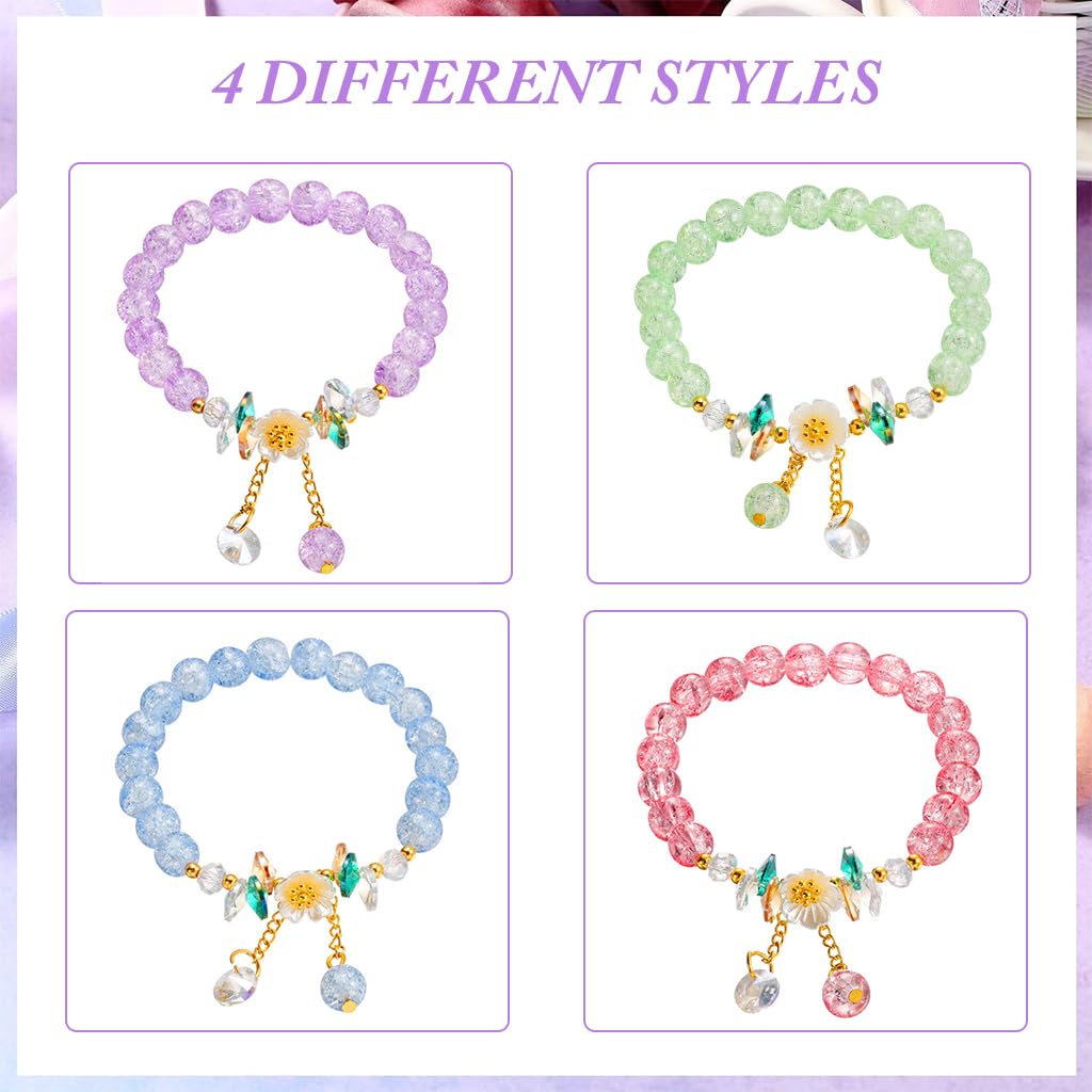 SANNIDHI Crystal Beads Bracelet Set for Girls with Floral Charms and Elastic String | 4pcs Friendship Gifts