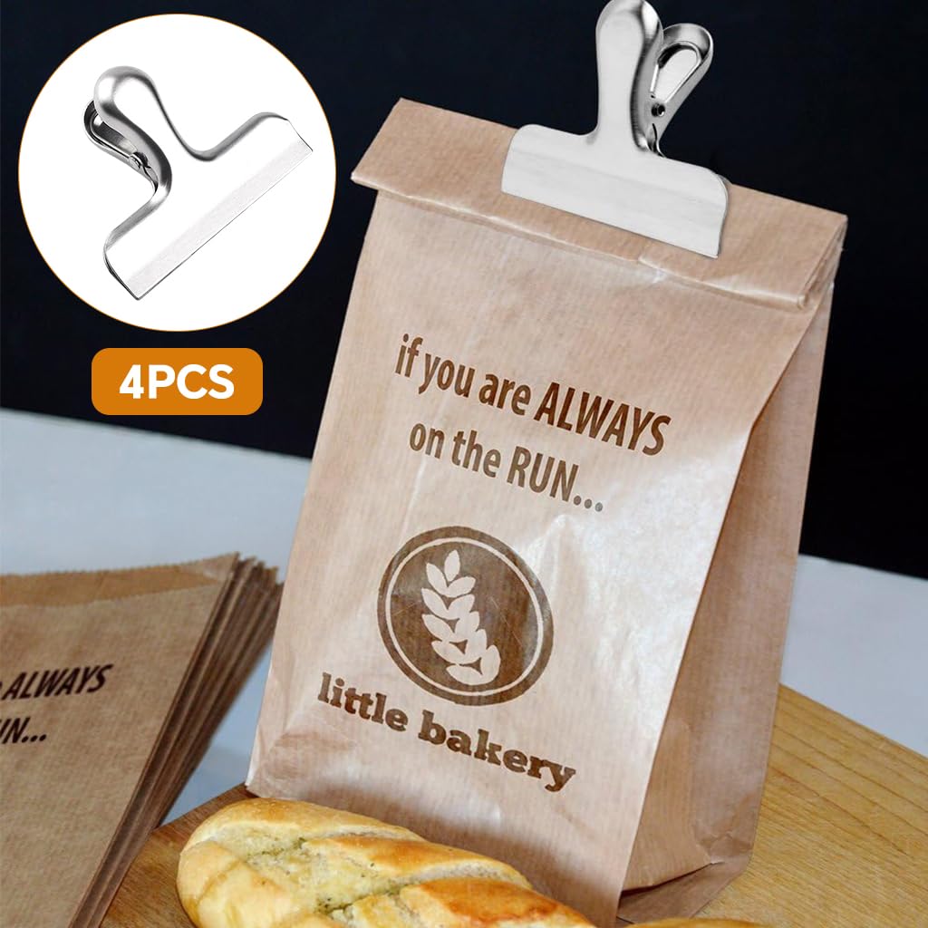 Supvox Stainless Steel Food Bag Clips 4 Pack for Snacks and Coffee with Spring Loaded Grip | Airtight Seal for Kitchen and Office Use