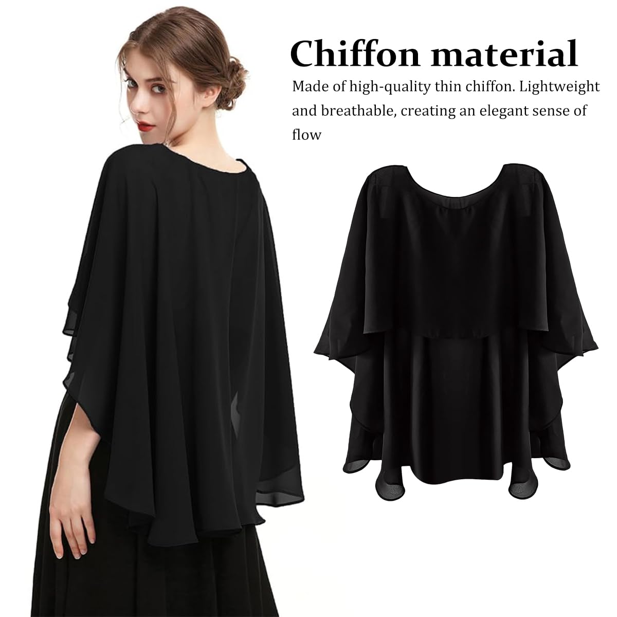 Venzina Chiffon Shawl Wrap for Evening Dresses with 11.8–27.5 in Coverage | Black Capelet