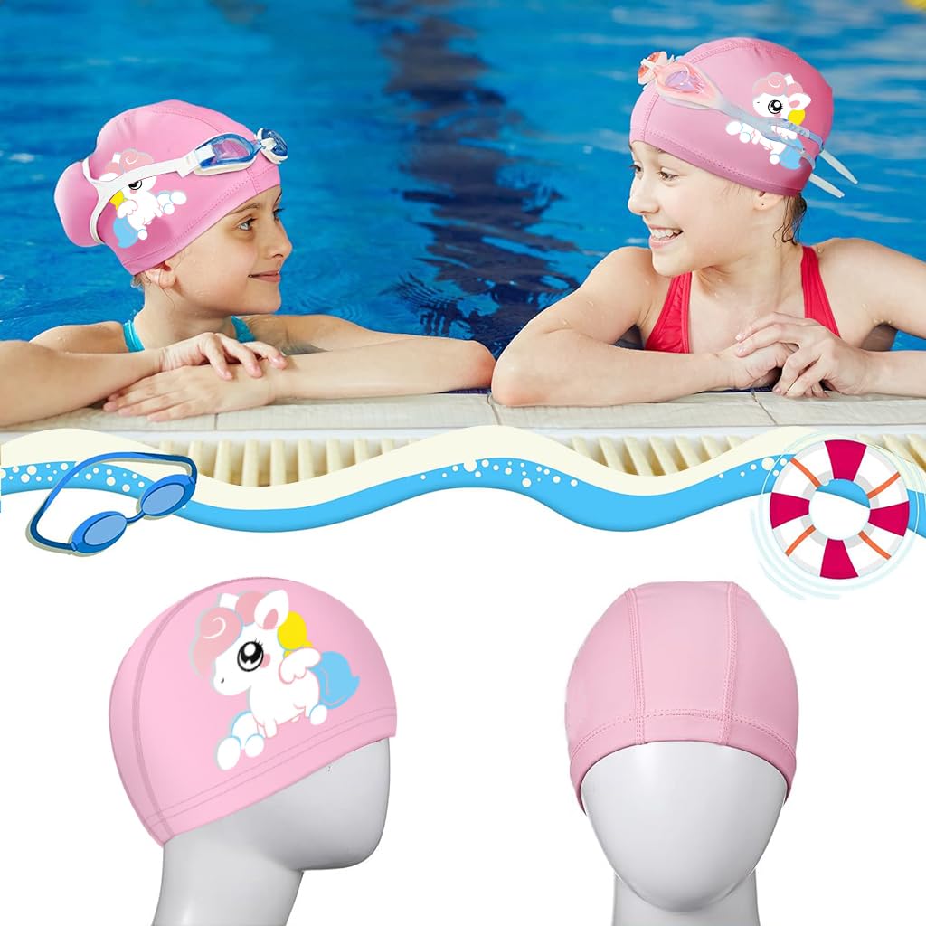 Proberos® PU Swim Cap for Kids, Cartoon Unicorn Swimming Cap for Girls Elastic PU Swim Cap, Swimming Cap for Child Aged 2-12 Years Old, Pink