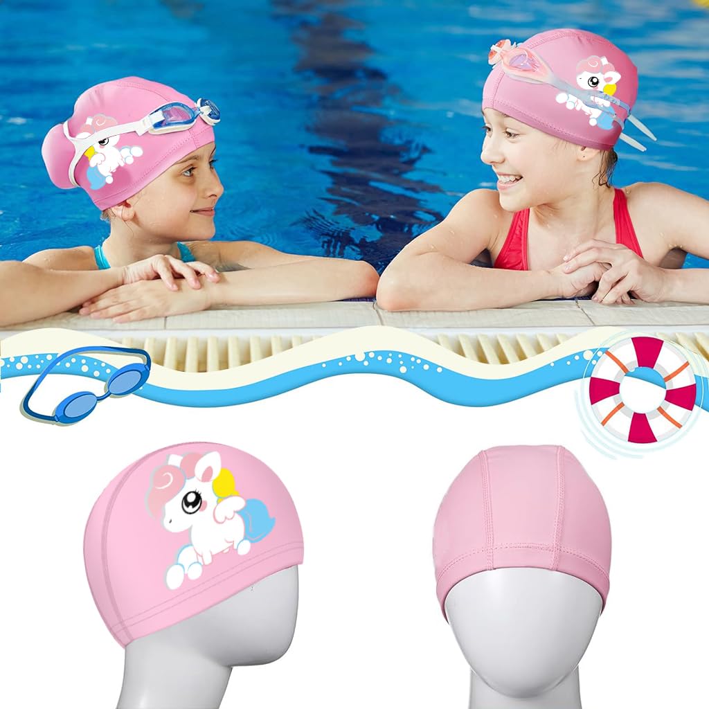 Proberos Swimming Cap for Girls with Waterproof PU Coating and Silicone Fit 2PCS | Kids Age 3‑12