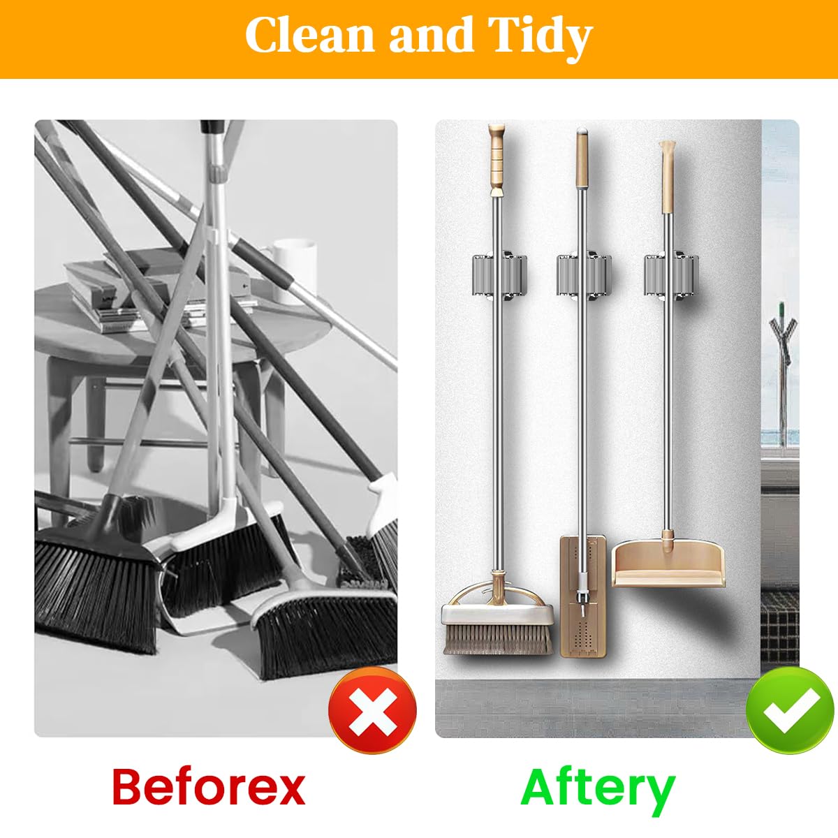 HASTHIP Broom and Mop Holder for Garage and Kitchen with Non Slip Design | Pack of 2 Stainless Steel Wall Mount