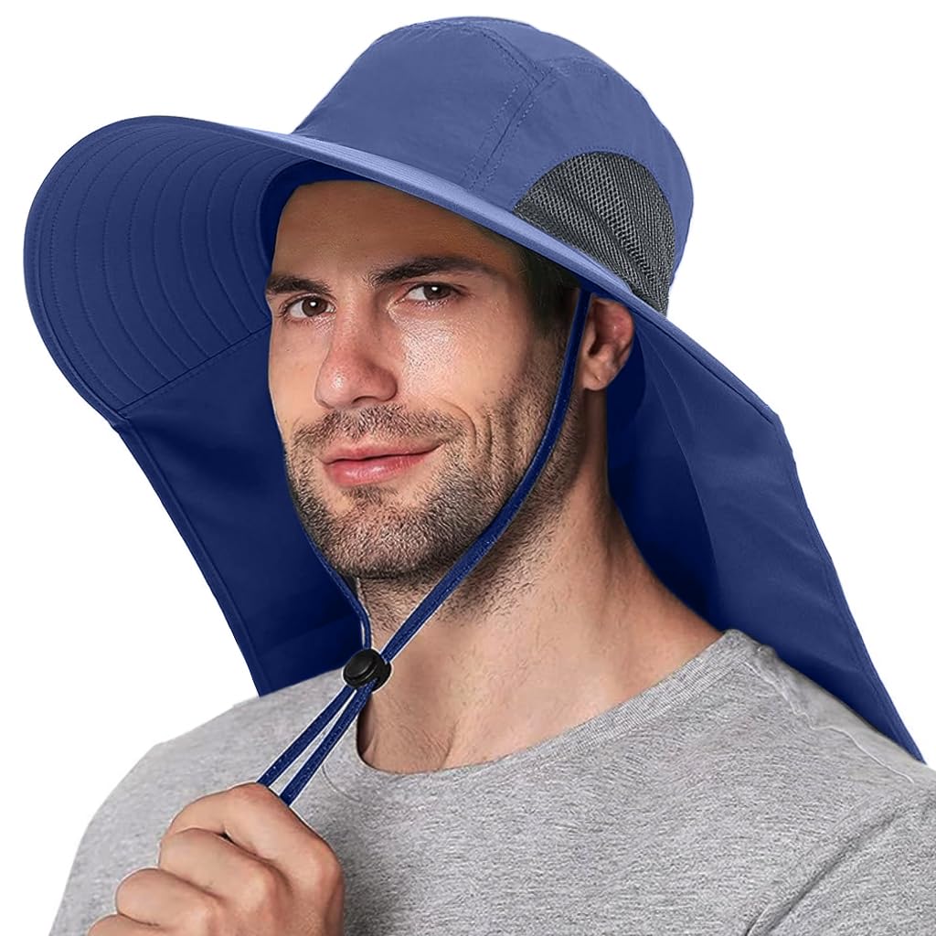 GUSTAVE Sun Hat for Men Fashion Wide Brim Hat UPF 50+ Sun Hats Men Neck Flap Design & Adjustable Windproof Chin Strap Sun Hat Unisex Sun Hat Breathable Sun Hat for Hiking, Fishing, Gardening, Navy