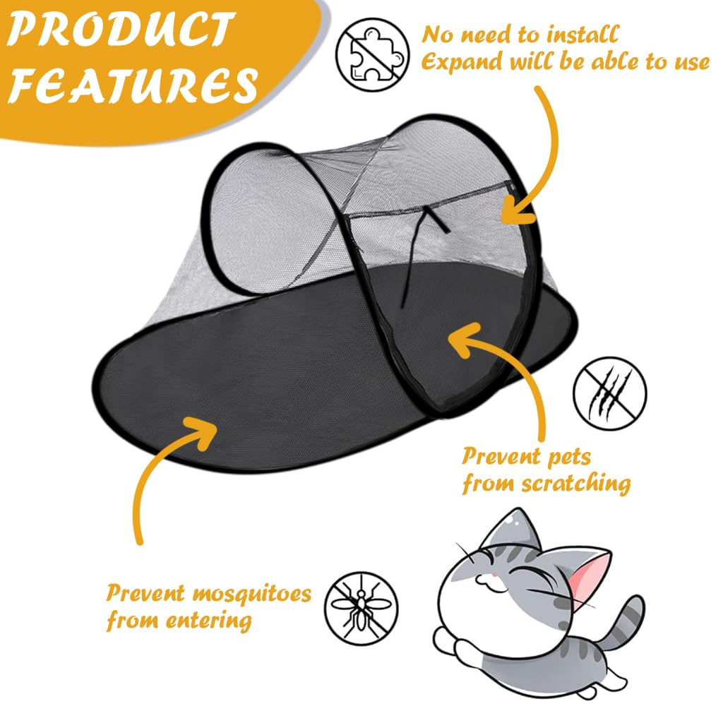 Qpets® Cat Tent, Pet Tent for Cat House Dog Bed Summer Mesh Cat Tent with Zipper Door, Foldable Outdoor Pop-out Pet Tent Breathable Sleep Dog Bed - 43.3 X 23.6 X 15 Inches, Black