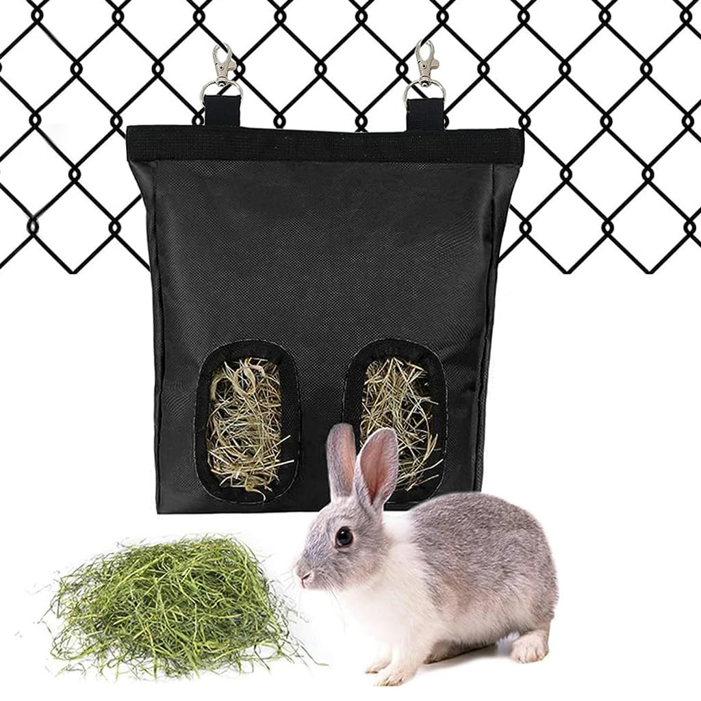 Qpets Rabbit Hay Feeder Bag for Small Pets 25×30cm with Dual Hooks and 2 Feeding Holes