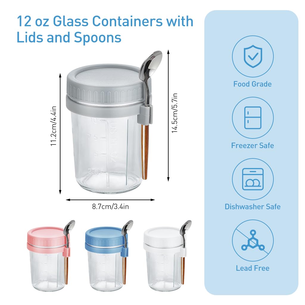 Supvox Overnight Oats Containers for Breakfast with 12oz Glass Jars and Anti Leak Lids | Set of 4