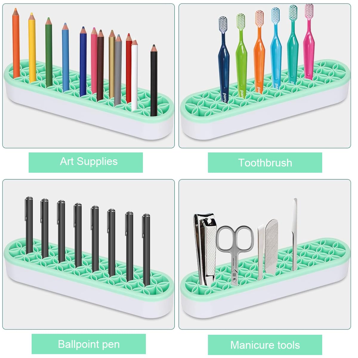MAYCREATE Makeup Brush Organizer for Dressing Table with 21x5x3.5 cm Multi Slot Silicone Stand | Space Saving Green Storage and Drying Holder