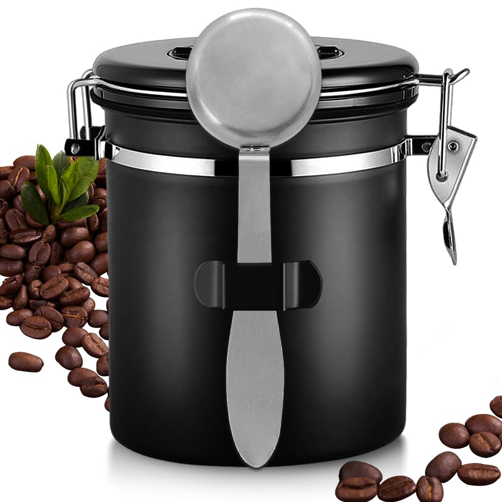 Supvox® Coffee Bean Canister 42Oz/1.2L Airtight 304 Stainless Steel Kitchen Food Container Food Storage Can with Date Tracker & Stainless Steel Scoop Canister Food Can for Coffee, Sugar, Tea, Flour