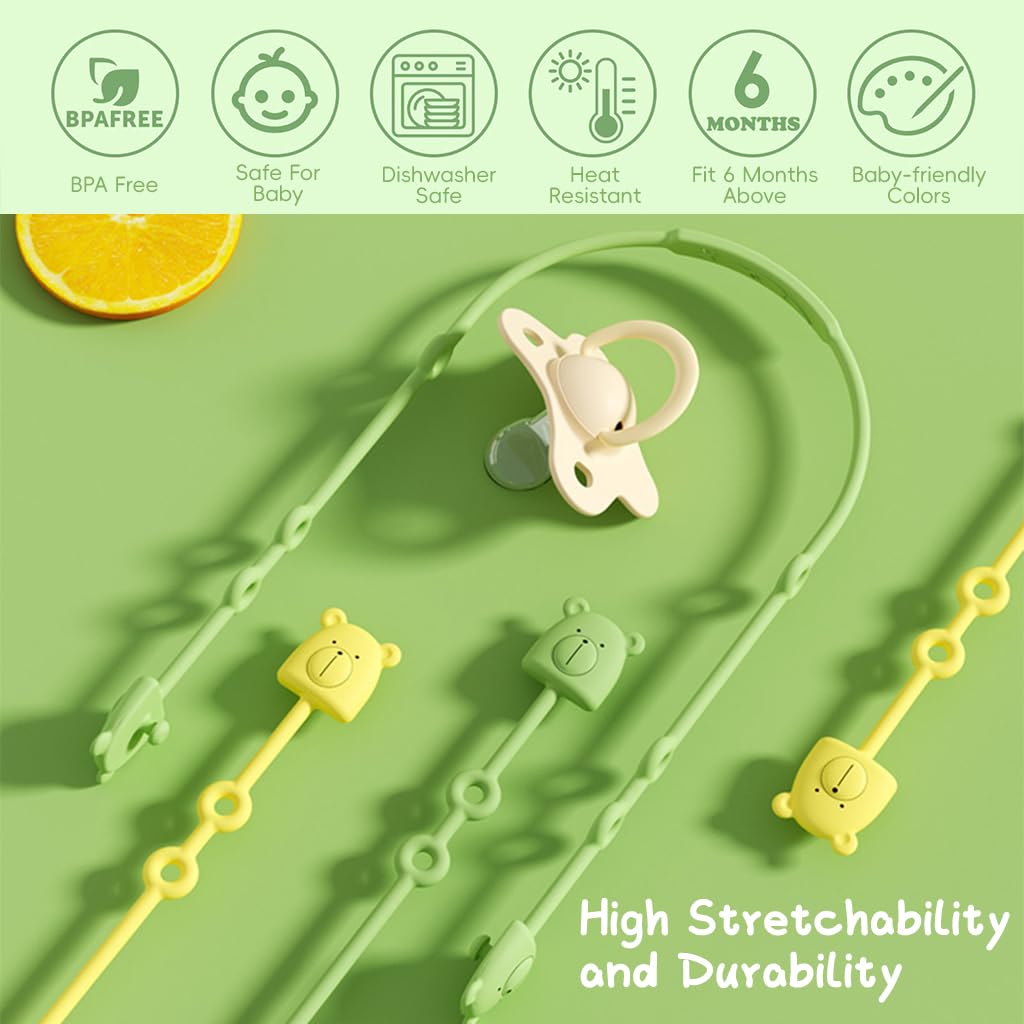 SNOWIE SOFT Baby Pacifier Straps 8pcs for Stroller and High Chair with Easy Tie‑Up Silicone | Cute Bear Anti‑Lost Chains for Travel