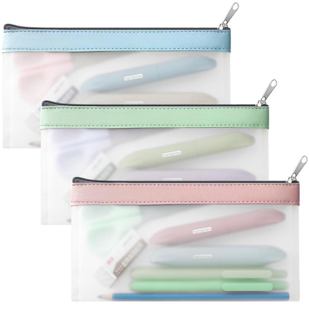 HASTHIP® Pencil Pouches Set of 3Pcs PVC Semi-transparent Matte Pencil Pouches Pencil Case Students Pencil Pouches for School Office Stationeries Storage Pouches Waterproof Utility Pouches, 8.2