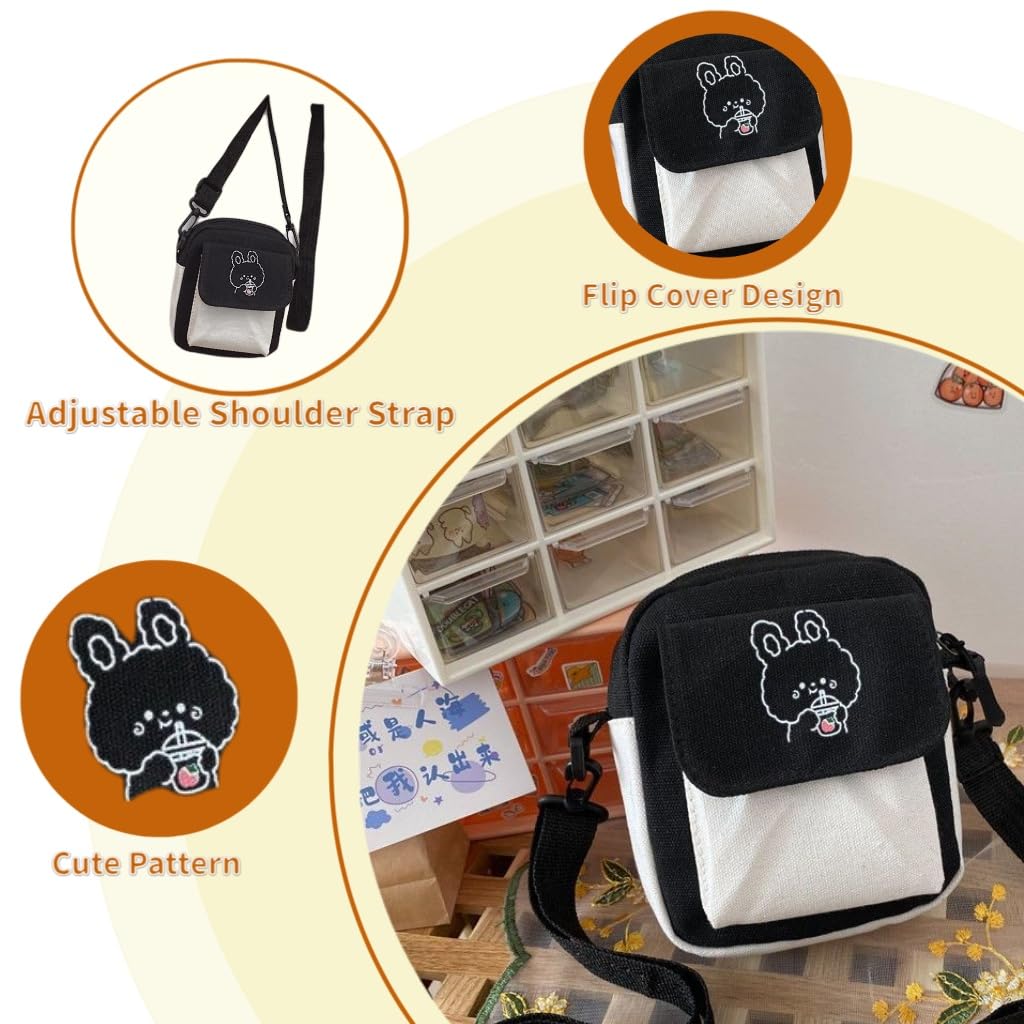 ZIBUYU Mini Sling Bag for Girls with Double Layer Zip 13x16cm Canvas | Cute Bunny Crossbody