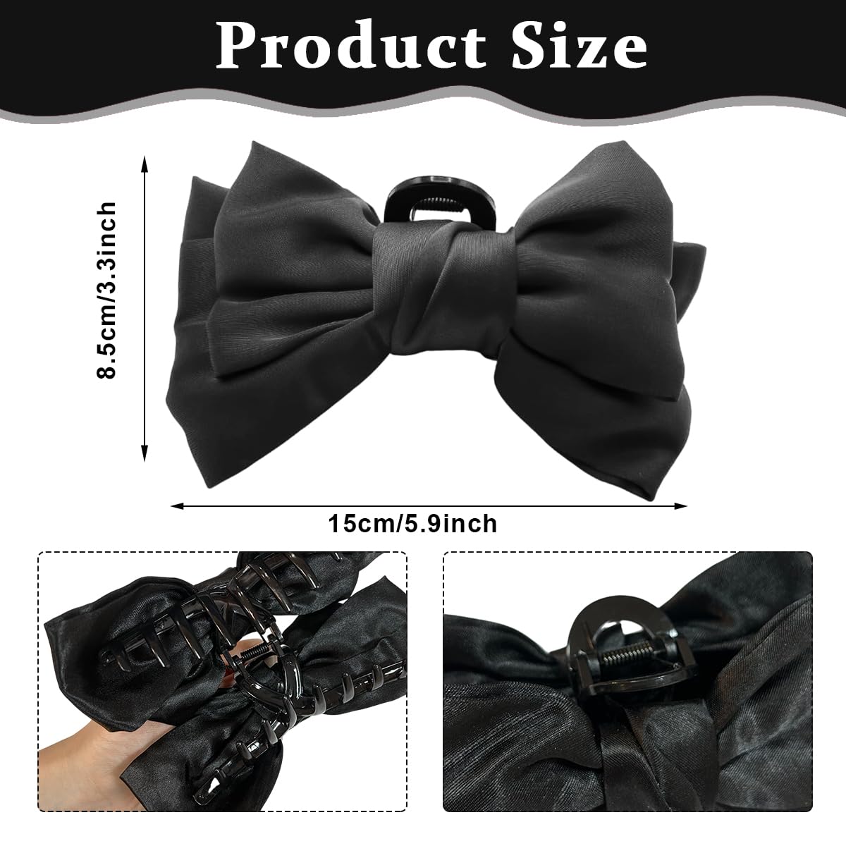 Venzina Hair Claw Clip for Women with Double Bow Design in Black | Secure Hold Styling Accessory