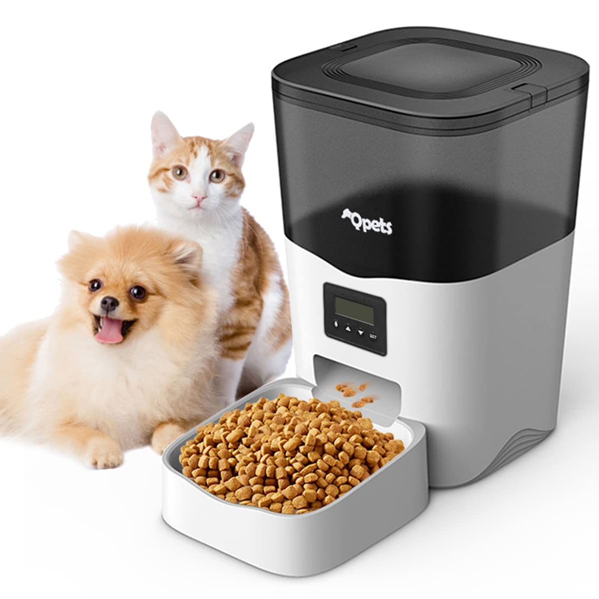 Qpets® 3L Cat Dog Feeder Automatic, Automatic Cat Feeder with Voice Recorder, Auto Dog Feeder with Quantition Timed & Dual Power Supply, Cat Food Dispenser for Small and Medium Pet Dogs (White)