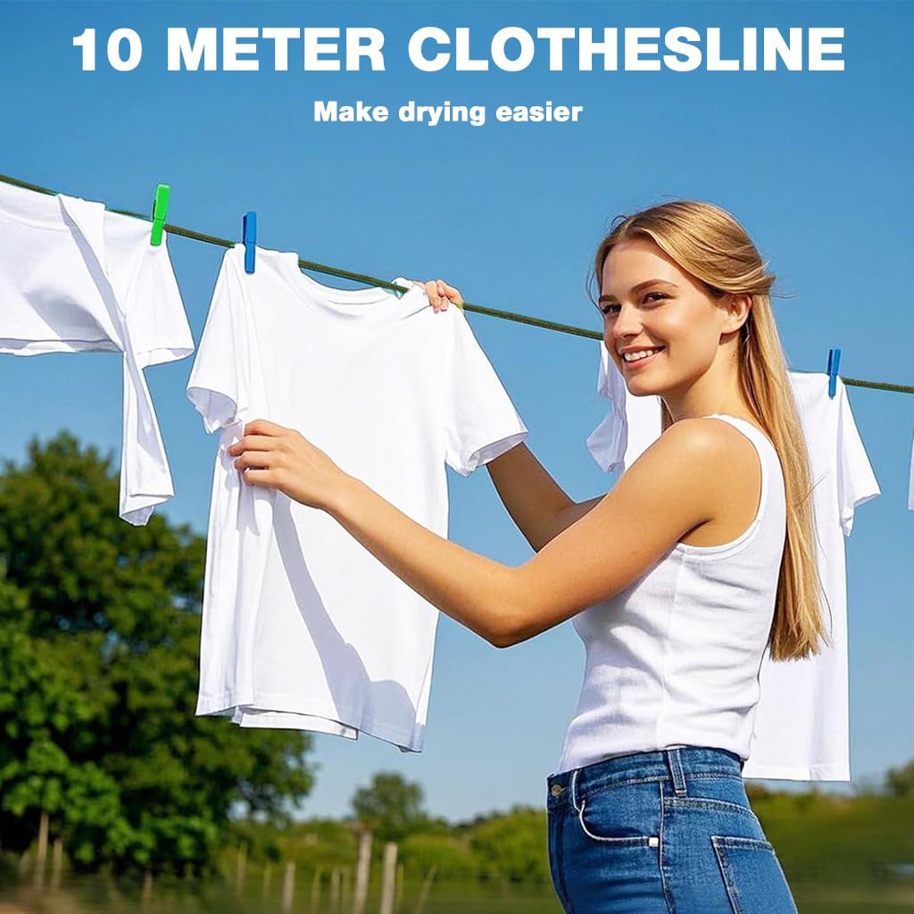 HASTHIP Clothes Drying Rope for Outdoor Laundry with Dual Carabiners and 10m Steel Core | Army Green