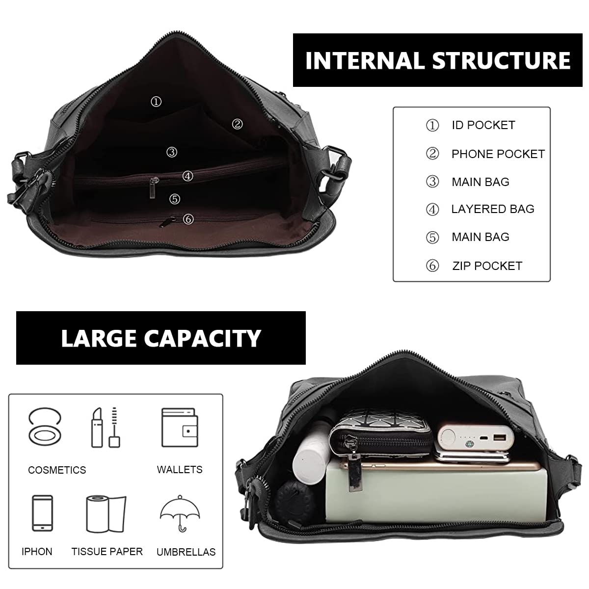 PALAY Tote Bag Purse Combo for Women with Multi Pockets and Soft PU Material | Black Shoulder Bag for Travel and Daily Use