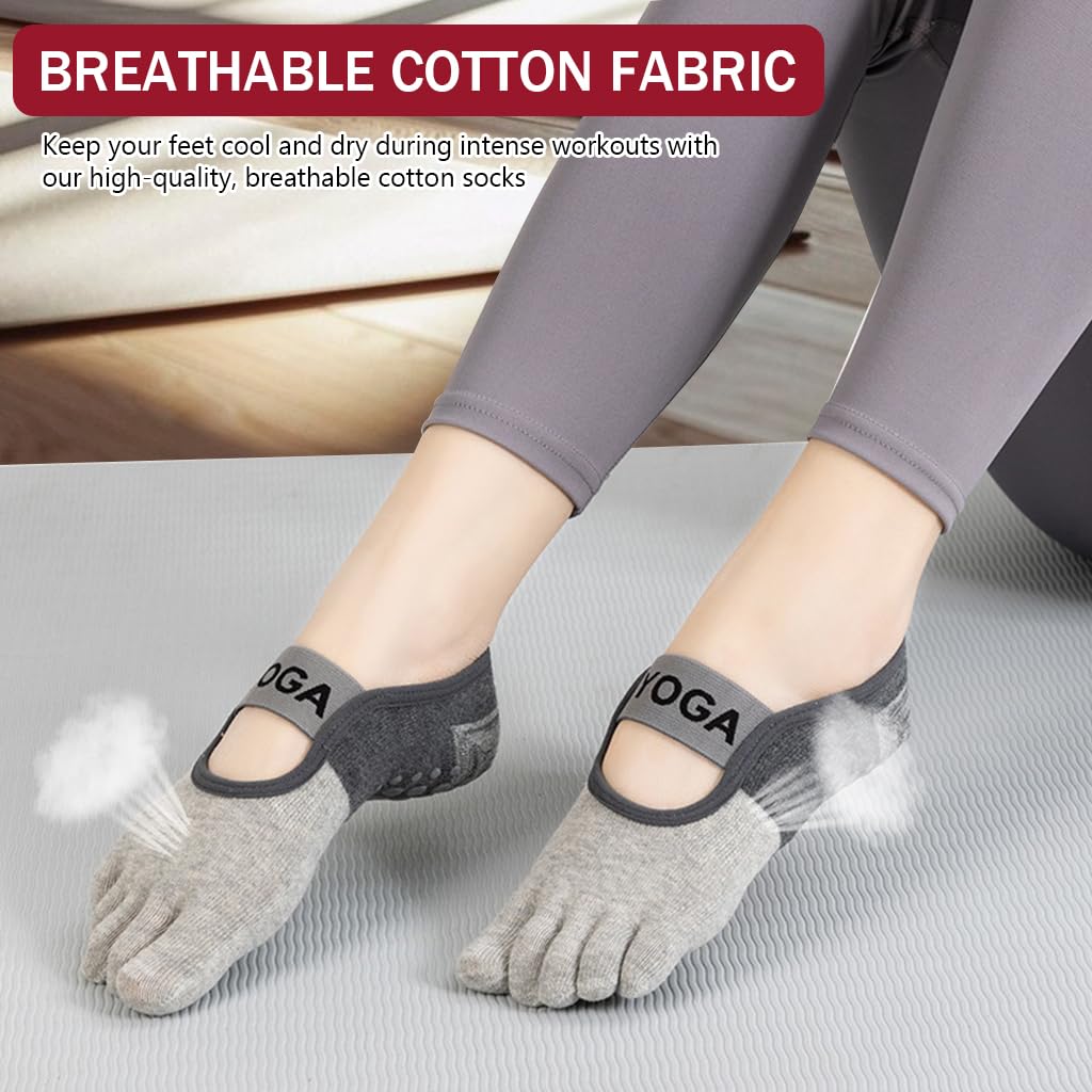 Proberos Yoga Socks for Women with 5 Toe Design and Anti Slip Sole | 3 Pairs Breathable Cotton
