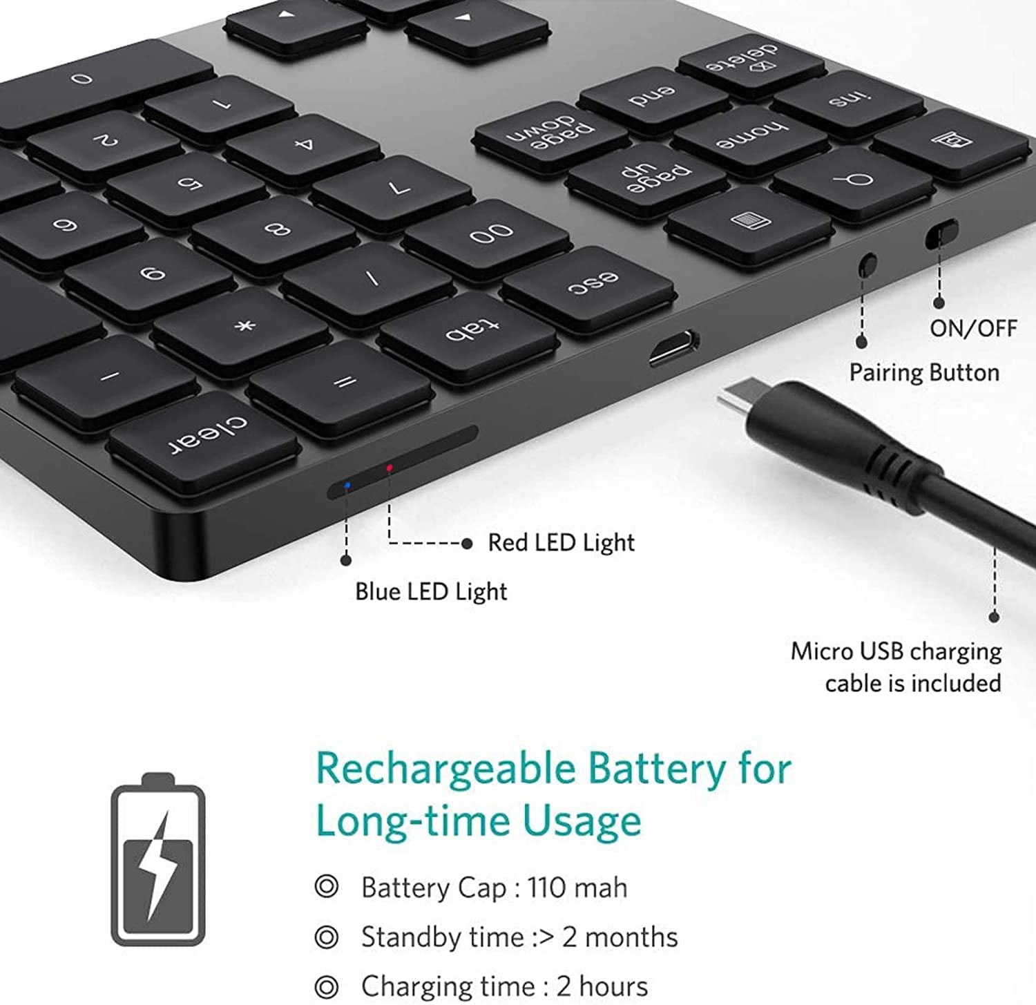 Verilux Bluetooth Numeric Keypad, Rechargeable Numeric Keypad Slim 34-Keys External Numpad Keyboard Bluetooth Number Pad, Wireless Numeric Keyboard Small Keypad for Laptop Desktop PC Computer Tablet Window