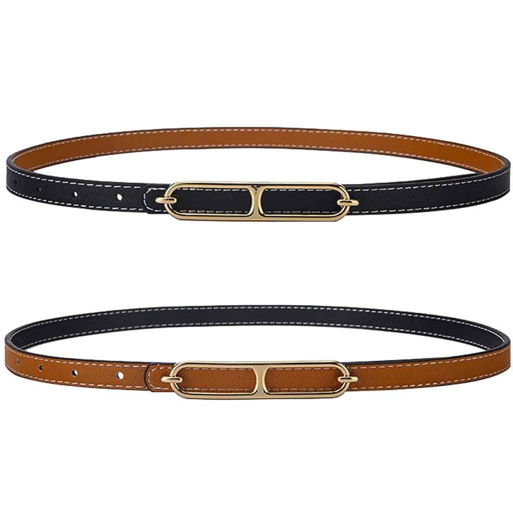 SANNIDHI® 2PCS Reversible Belts for Women Adjustable Leather Thin Waist Belt Woman Skinny Black Brown Trendy Belts for Women Dresses