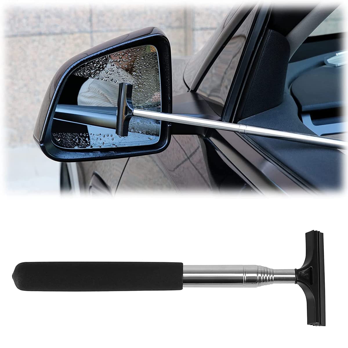 Car Rearview Mirror Wiper for Safe Driving with Retractable 38.6 in Rod and 2.5 in Rubber Head