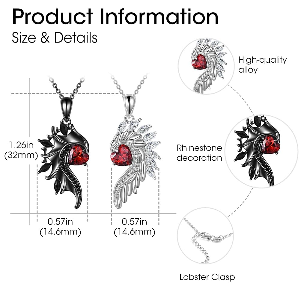 SANNIDHI Couple Necklace Angel and Devil's Wing Necklace Rhinestone Heart Symbol of Love Pendant Necklace for Couples Women Men Valentine's Day Anniversay Gift