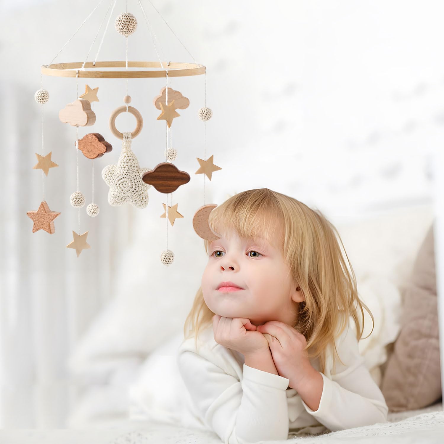 SNOWIE SOFT Baby Crib Hanging Toy with Wooden Charms for Nursery Decor and Soothing Calm