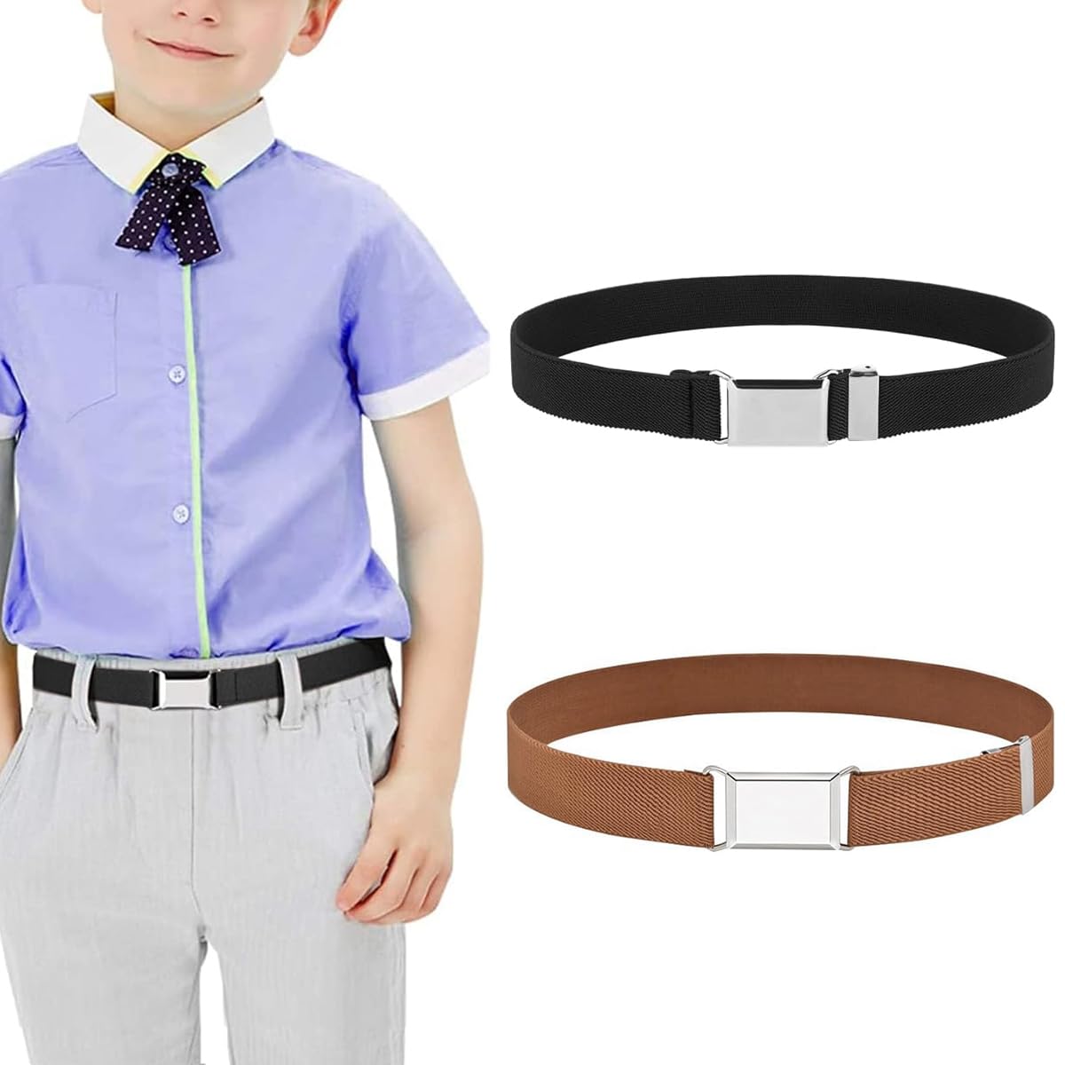 GUSTAVE® 2 Pack Belt for Kids, Stretchy Kids Belt for Boys Girls, Adjustable Waist Belt, Elastic Silver Buckle Child Toddler Belt - Black & Brown Set