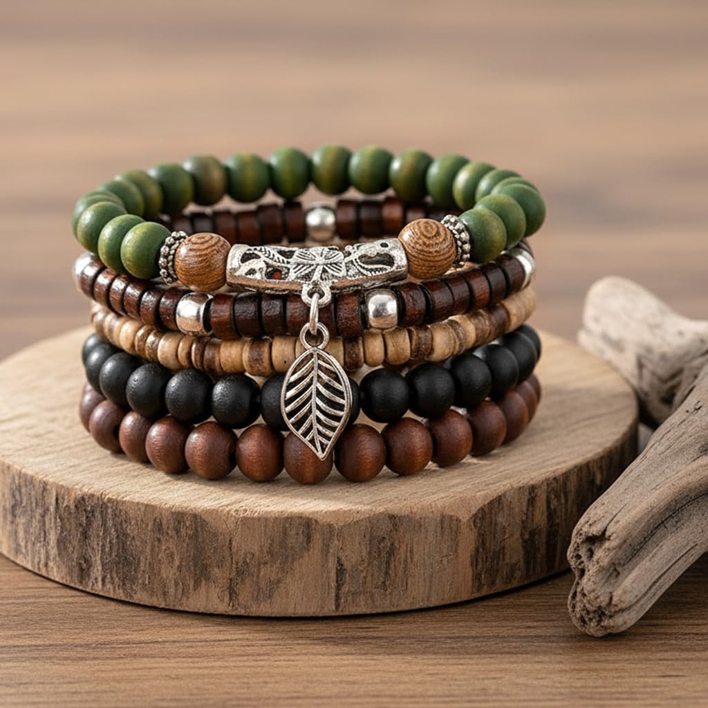 GUSTAVE Multi Layer Beaded Bracelet Set for Daily Wear with Wooden Beads and Alloy Charms | 5 Piece Boho Jewelry for Men and Women