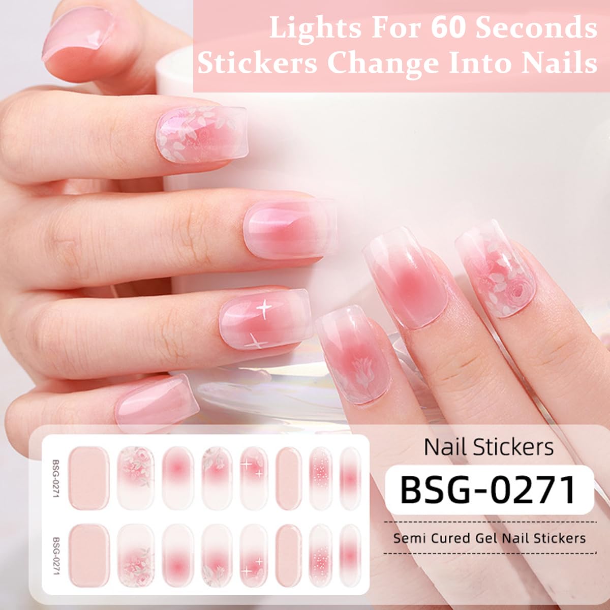 MAYCREATE® 16PCS Gel Nail Strips, French Gel Nail Stickers, UV Free, Long Lasting Nail Wraps for Women, French Tip Nail Polsih Stickers, Includes Nail File & Wooden Stick, Style B