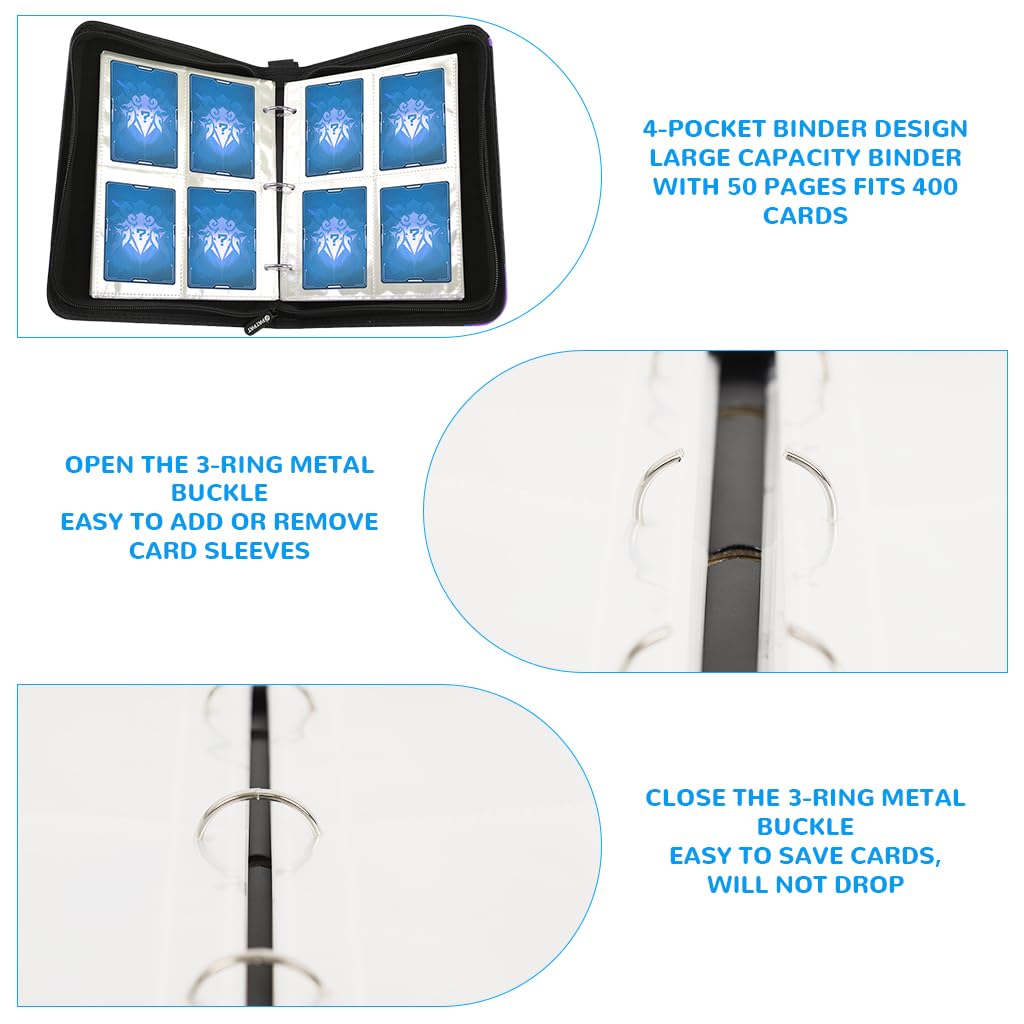 PATPAT Trading Card Binder for Game Cards with 400 Slots and 50 Sleeves | Waterproof PU Cover